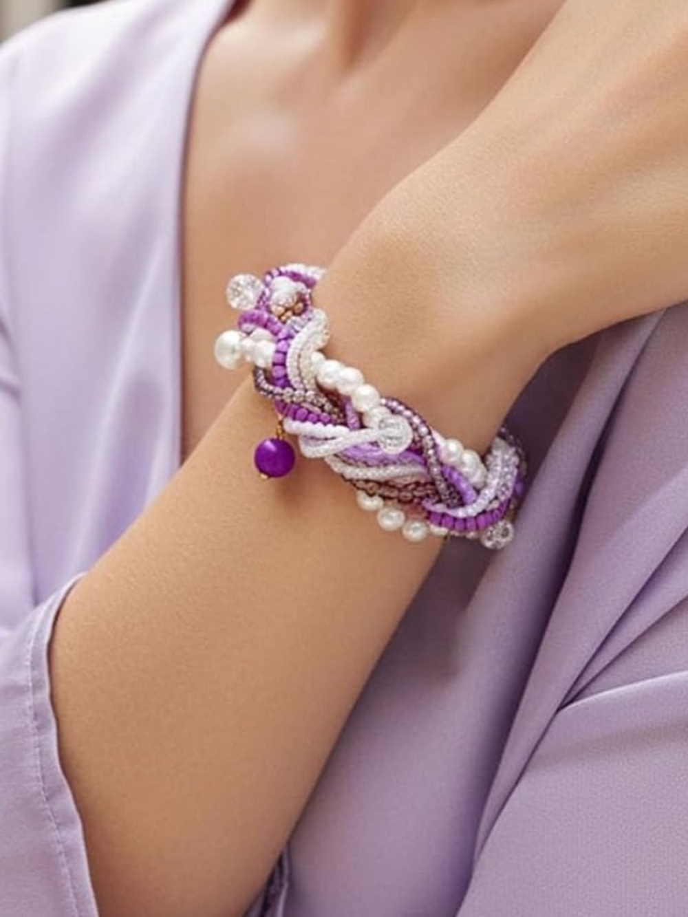 Anthropologie Lavender Braided Pearl and Bead Bracelet